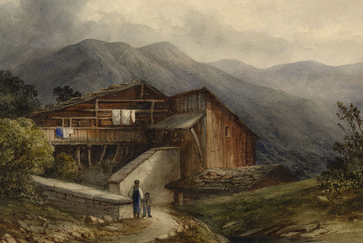 Mountain Chalet with Figures – Original early 19th-century watercolour painting