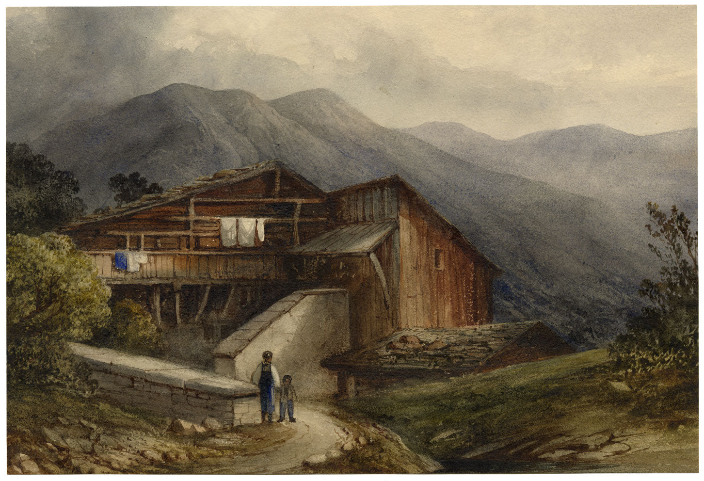 Mountain Chalet with Figures – Original early 19th-century watercolour painting