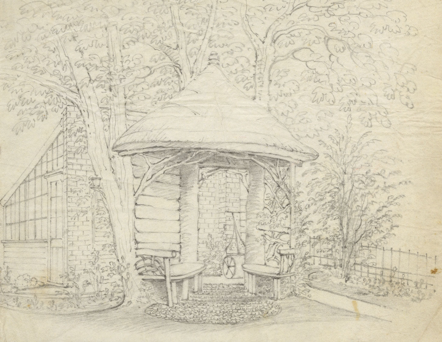 Garden Rotunda & Greenhouse – Original mid-19th-century graphite drawing