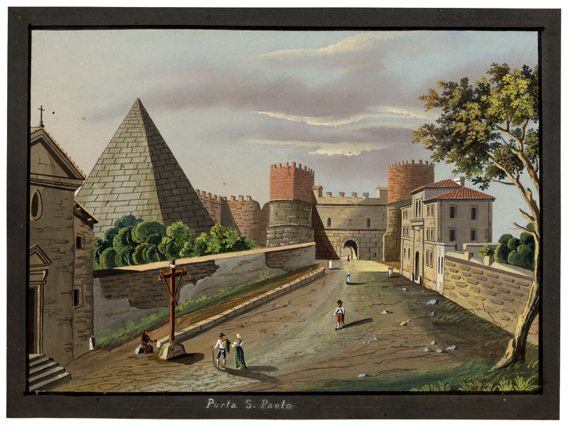 Escuela italiana, Porta San Paolo, Murallas Aurelianas, Roma – principios del siglo XIX gouache veduta
