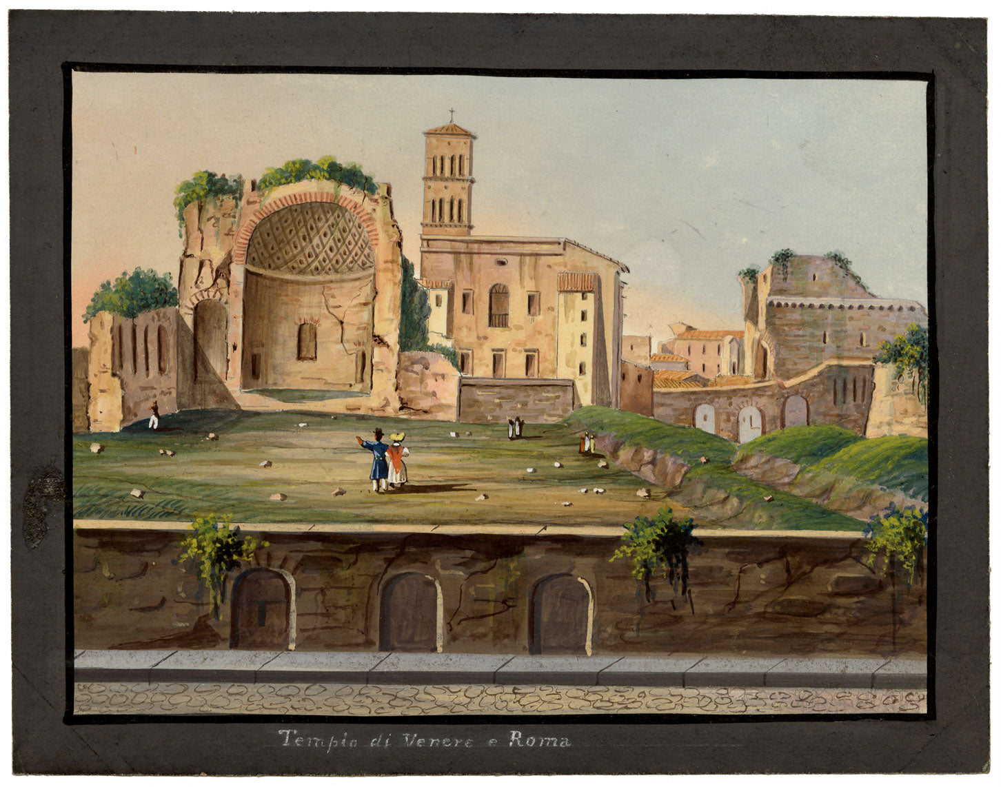 Scuola italiana, Tempio di Venere e Roma, Roma - dipinto di veduta a guazzo, inizi del XIX secolo