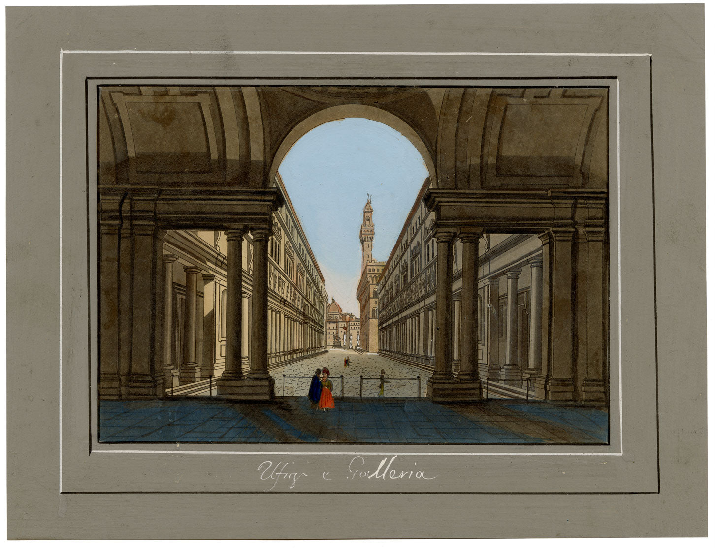 Escuela Italiana, Galerías Uffizi, Florencia – Veduta de acuarela de principios del siglo XIX