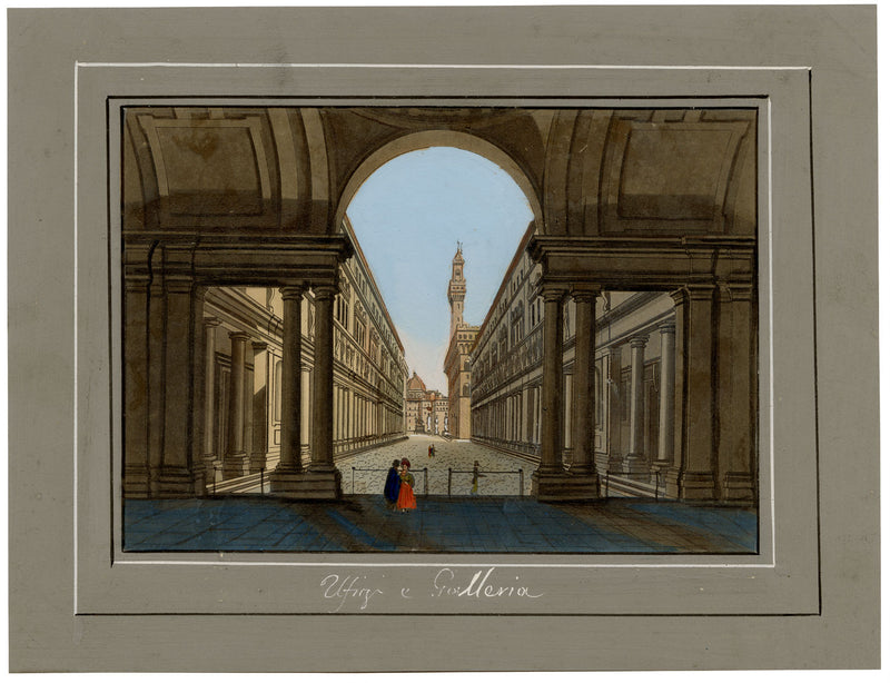 Escuela Italiana, Galerías Uffizi, Florencia – Veduta de acuarela de principios del siglo XIX