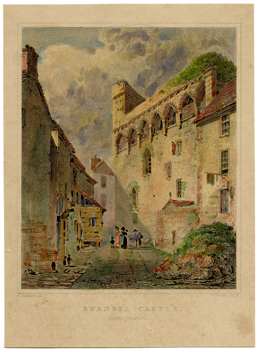 Castello di Swansea, Glamorganshire – Stampa originale dell'inizio del XIX secolo