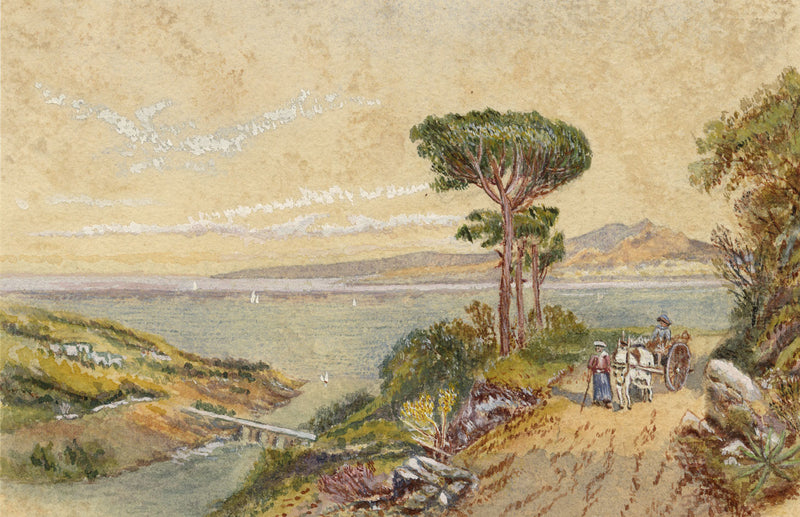 Italian Coast with Stone Pine – Original late 19th-century watercolour painting