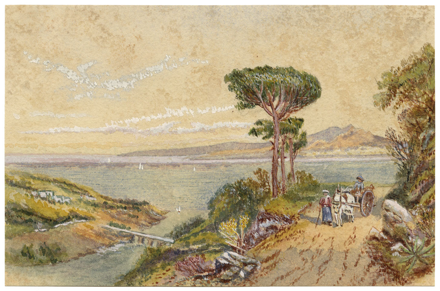 Italian Coast with Stone Pine – Original late 19th-century watercolour painting