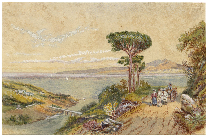 Italian Coast with Stone Pine – Original late 19th-century watercolour painting