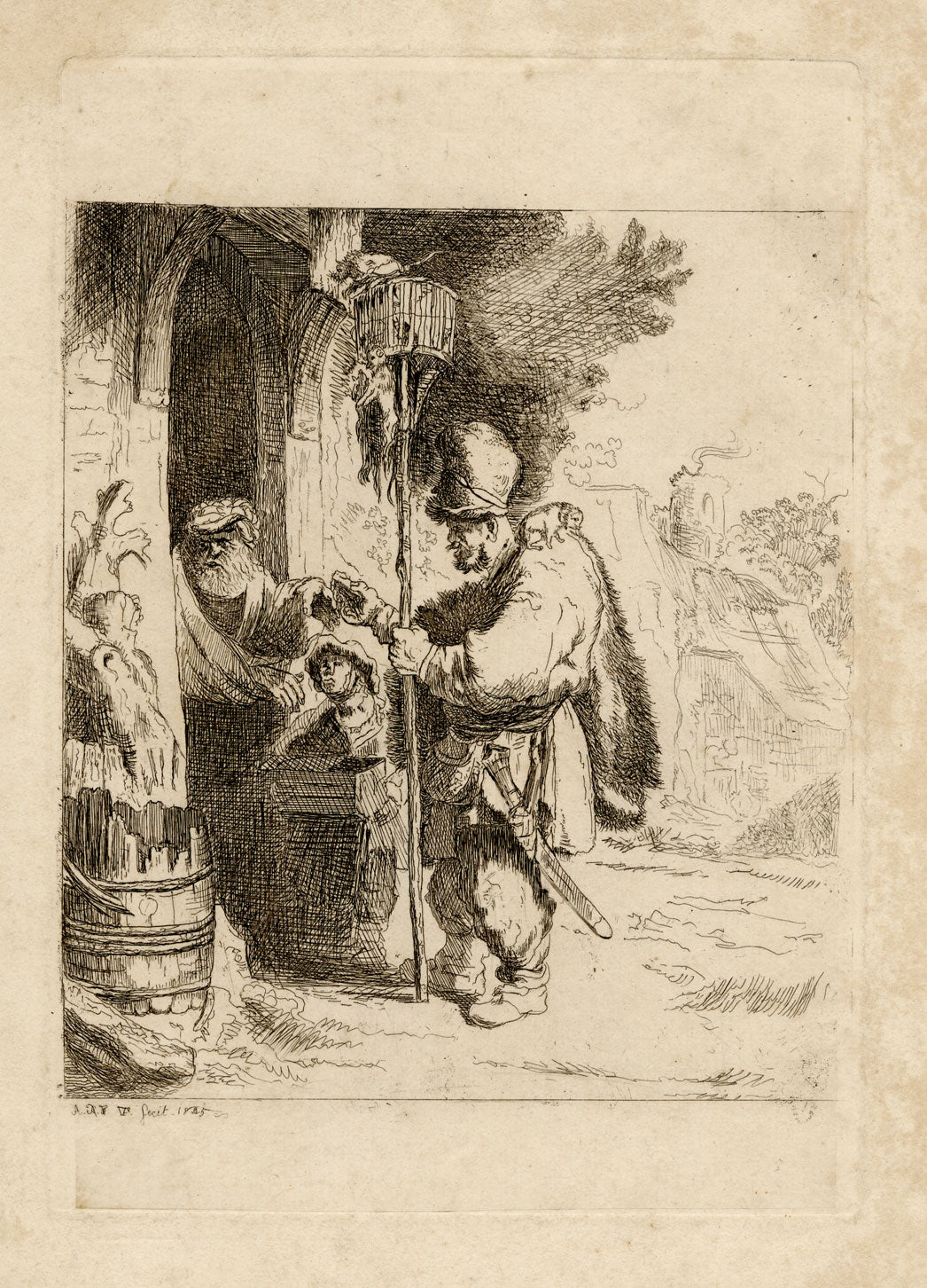 A.P.F., The Rat Catcher after Rembrandt – Original 1825 etching print