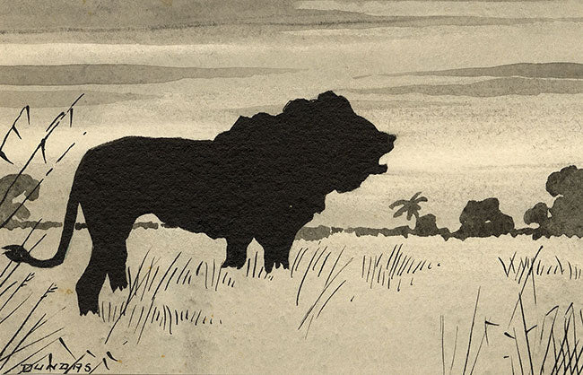 Leland M. Dundas, African Lion Silhouette, Kenya – 1920s watercolour painting