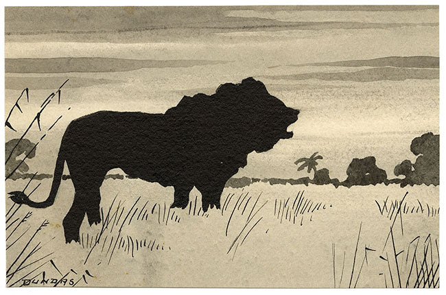 Leland M. Dundas, African Lion Silhouette, Kenya – 1920s watercolour painting