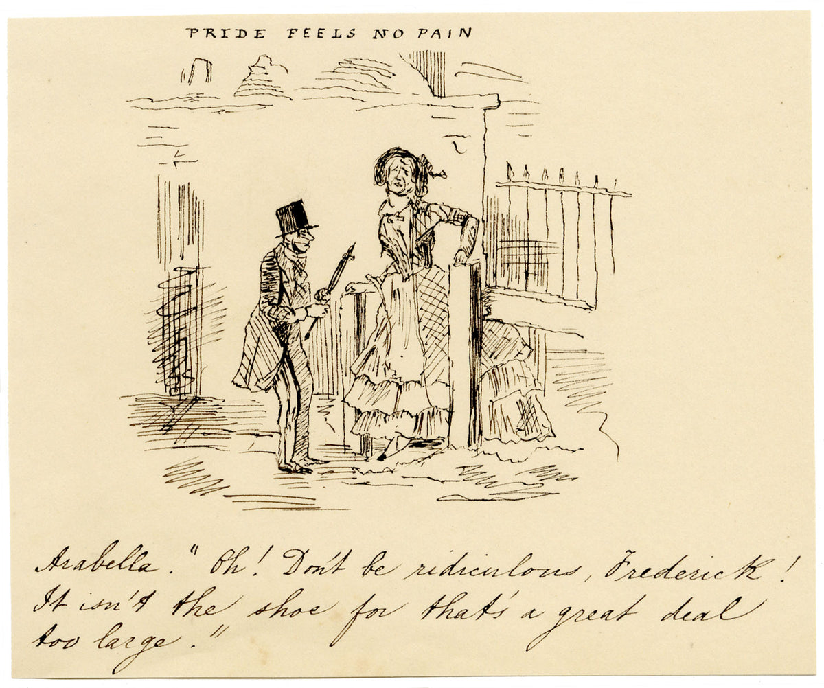 Fumetto "L'orgoglio non sente dolore" ispirato a John Leech – disegno a penna e inchiostro del XIX secolo