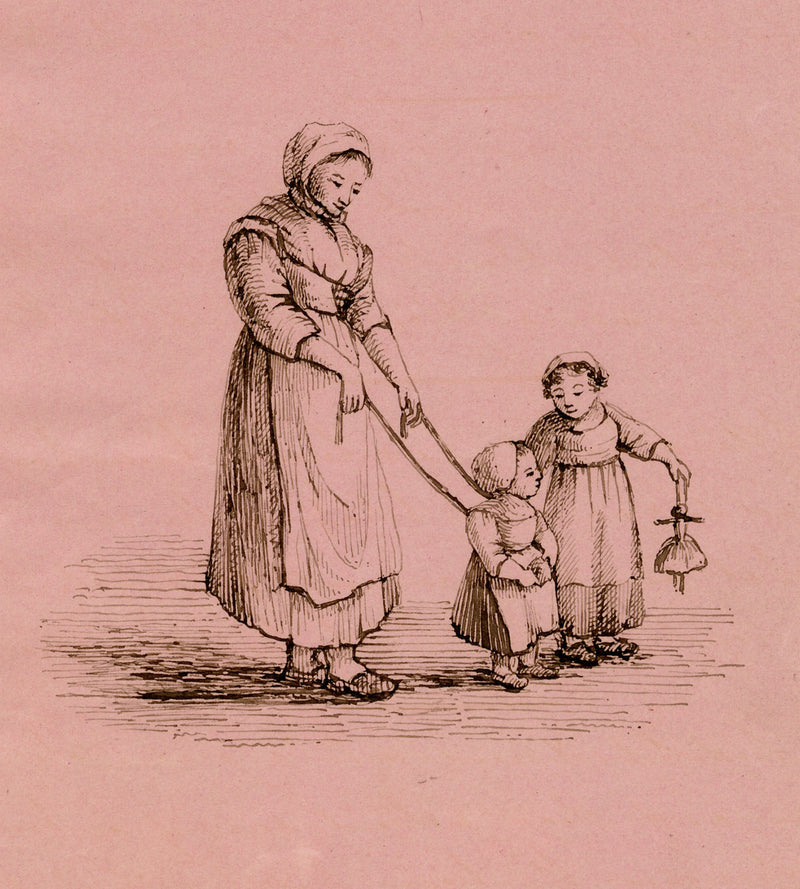 Woman with Child on a Leash – Original early 19th-century pen & ink drawing