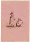 Woman with Child on a Leash – Original early 19th-century pen & ink drawing