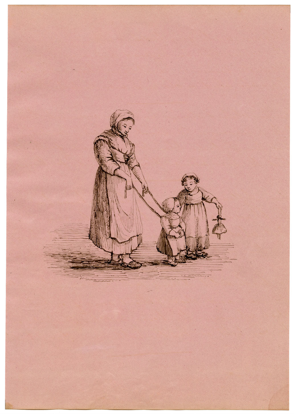 Woman with Child on a Leash – Original early 19th-century pen & ink drawing