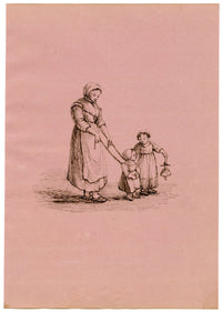Woman with Child on a Leash – Original early 19th-century pen & ink drawing