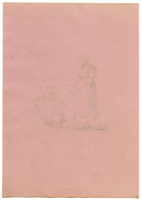 Woman with Child on a Leash – Original early 19th-century pen & ink drawing
