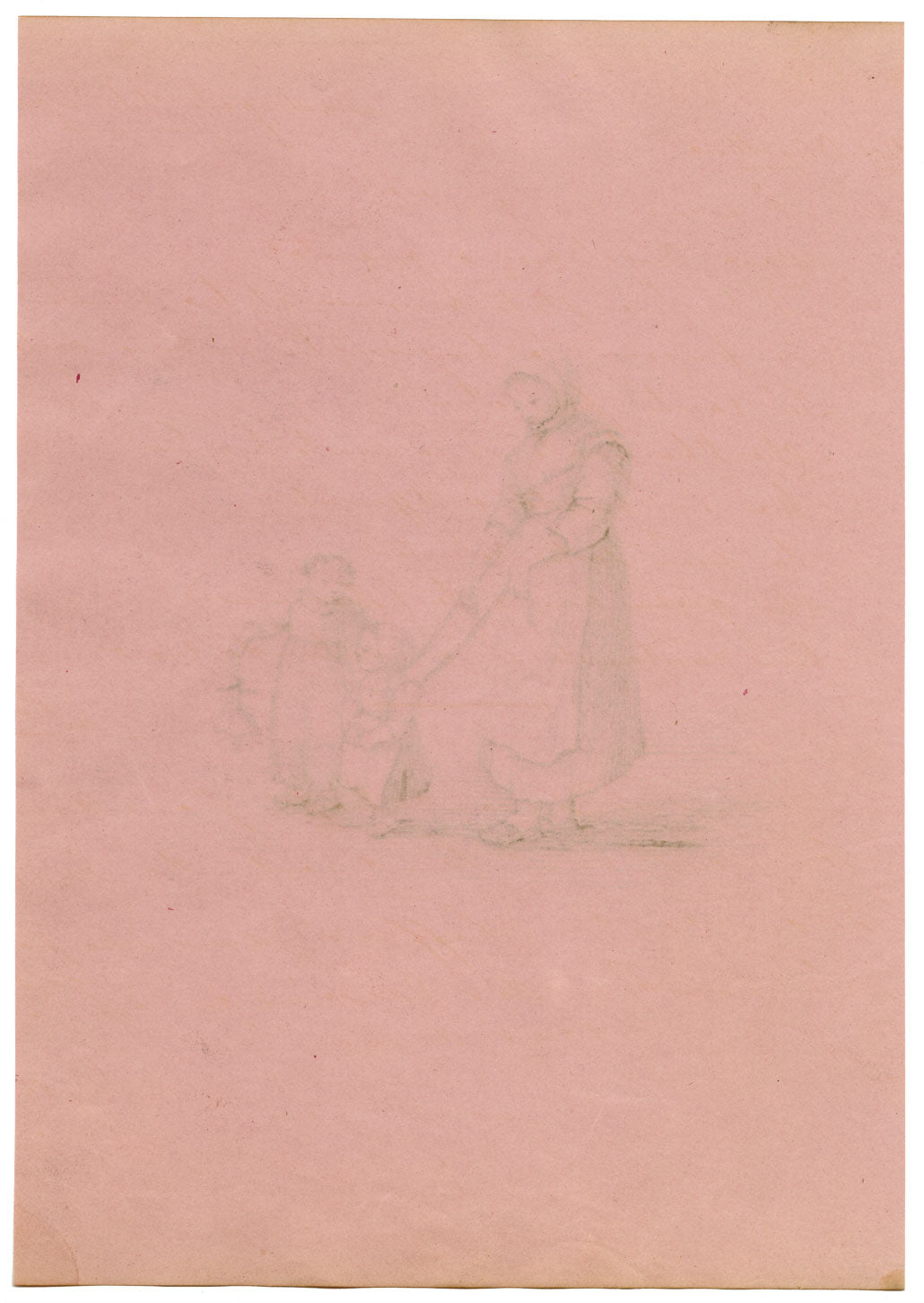 Woman with Child on a Leash – Original early 19th-century pen & ink drawing