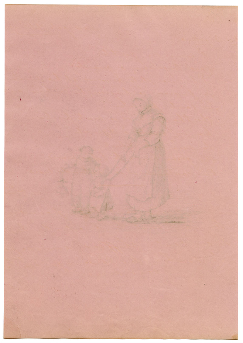 Woman with Child on a Leash – Original early 19th-century pen & ink drawing