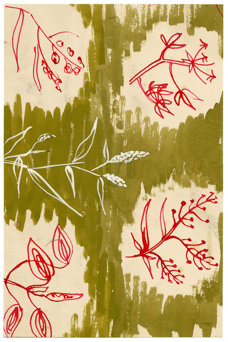 Mid-century Modern Textile Design – Leaf Sprig Pattern: Gouache, Wash & Ink 1953