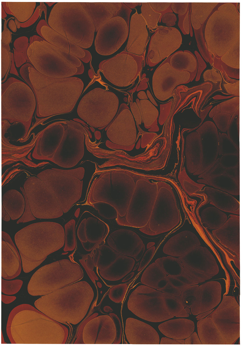 Papel marmoleado original de mediados de siglo, dos hojas en óxido y rojo, 1953