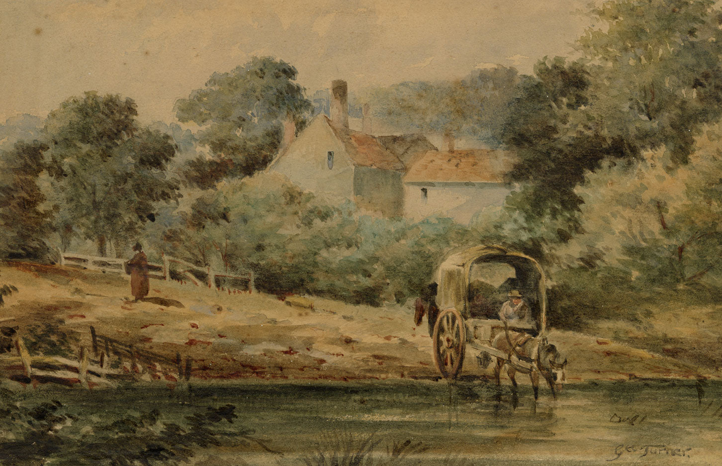 George Turner, Crossing the Ford – late 19th-century watercolour painting