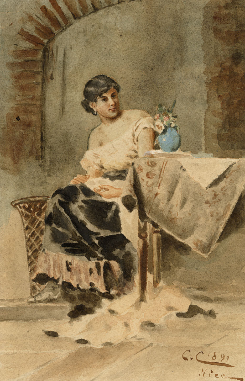 C.C., Local Girl, Nice, France – Original 1891 watercolour painting