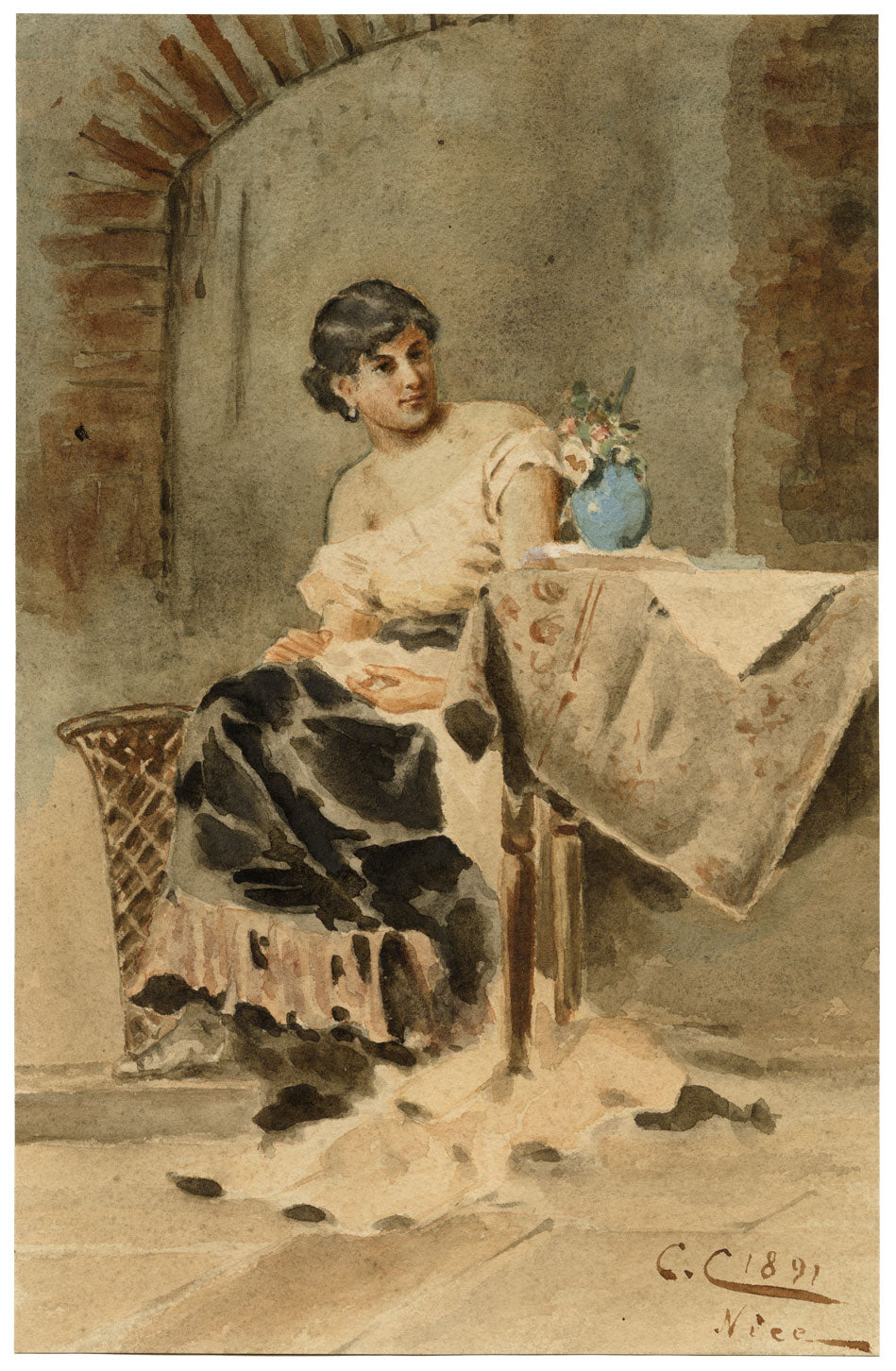 CC, Ragazza del posto, Nizza, Francia – Acquerello originale del 1891