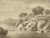 Monro School Style, Lake Landscape with Rocks –mid-C19th charcoal & wash drawing