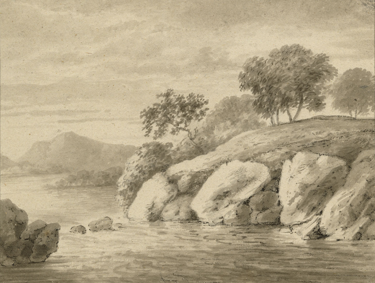 Monro School Style, Lake Landscape with Rocks –mid-C19th charcoal & wash drawing