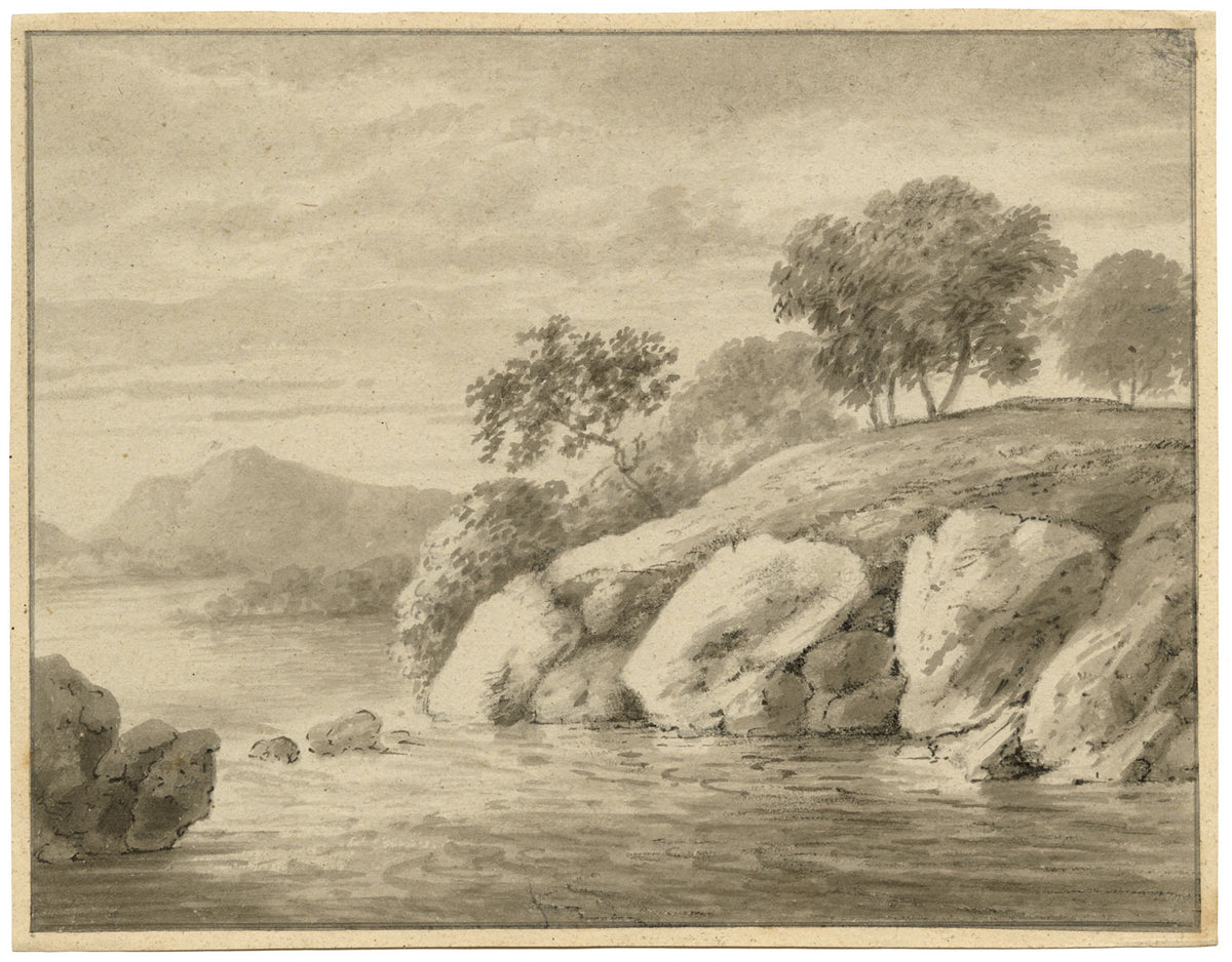 Stile della scuola Monro, Paesaggio lacustre con rocce – disegno a carboncino e acquerello della metà del XIX secolo