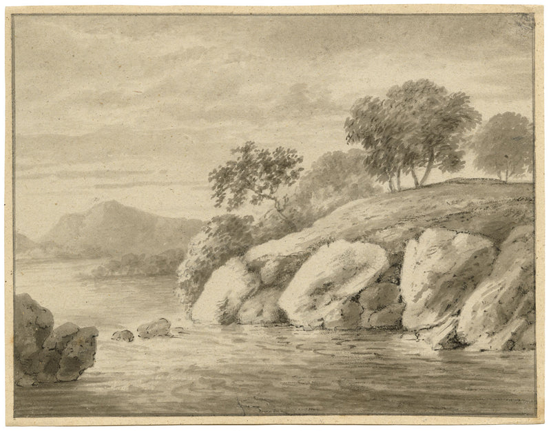 Paisaje de lago con rocas, estilo escuela Monroe, dibujo al carboncillo y aguada de mediados del siglo XIX.