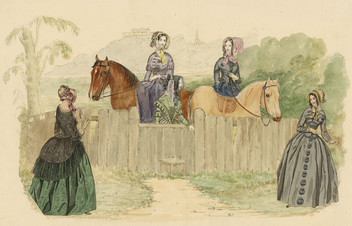 Ladies Riding Out – Original 1845 watercolour & engraving collage