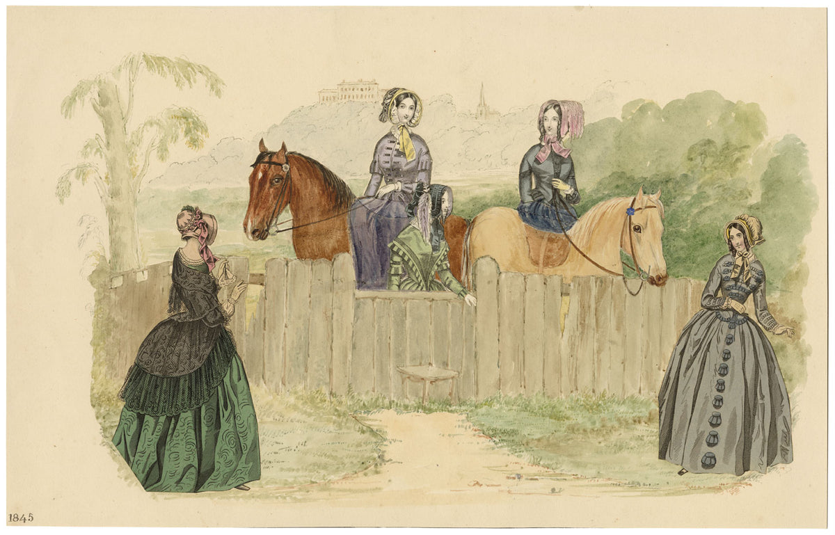 Victorian Ladies Riding Out – Original 1845 watercolour & engraving collage