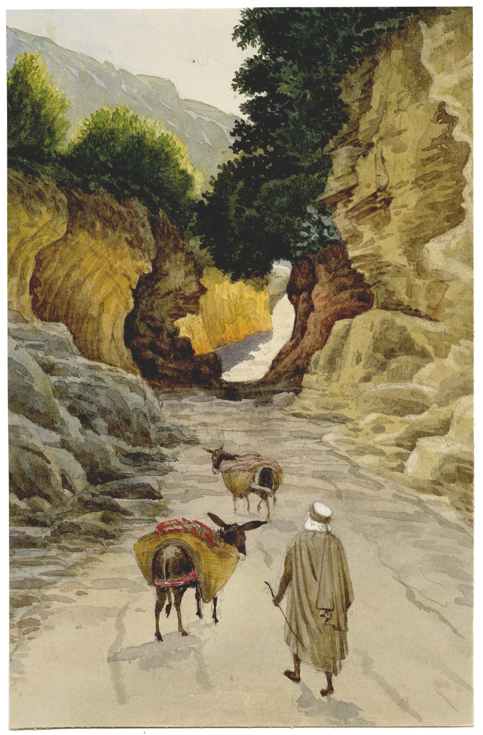 George J. Cayley, Pack Donkeys near Fontaine Bleue, Algiers – c.1874 watercolour