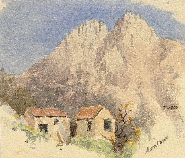 F. Paterson, Menton Cliffs, Cote d'Azur, French Riviera – 1900 watercolour