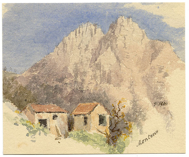 F. Paterson, Acantilados de Menton, Costa Azul, Riviera Francesa – Acuarela de 1900