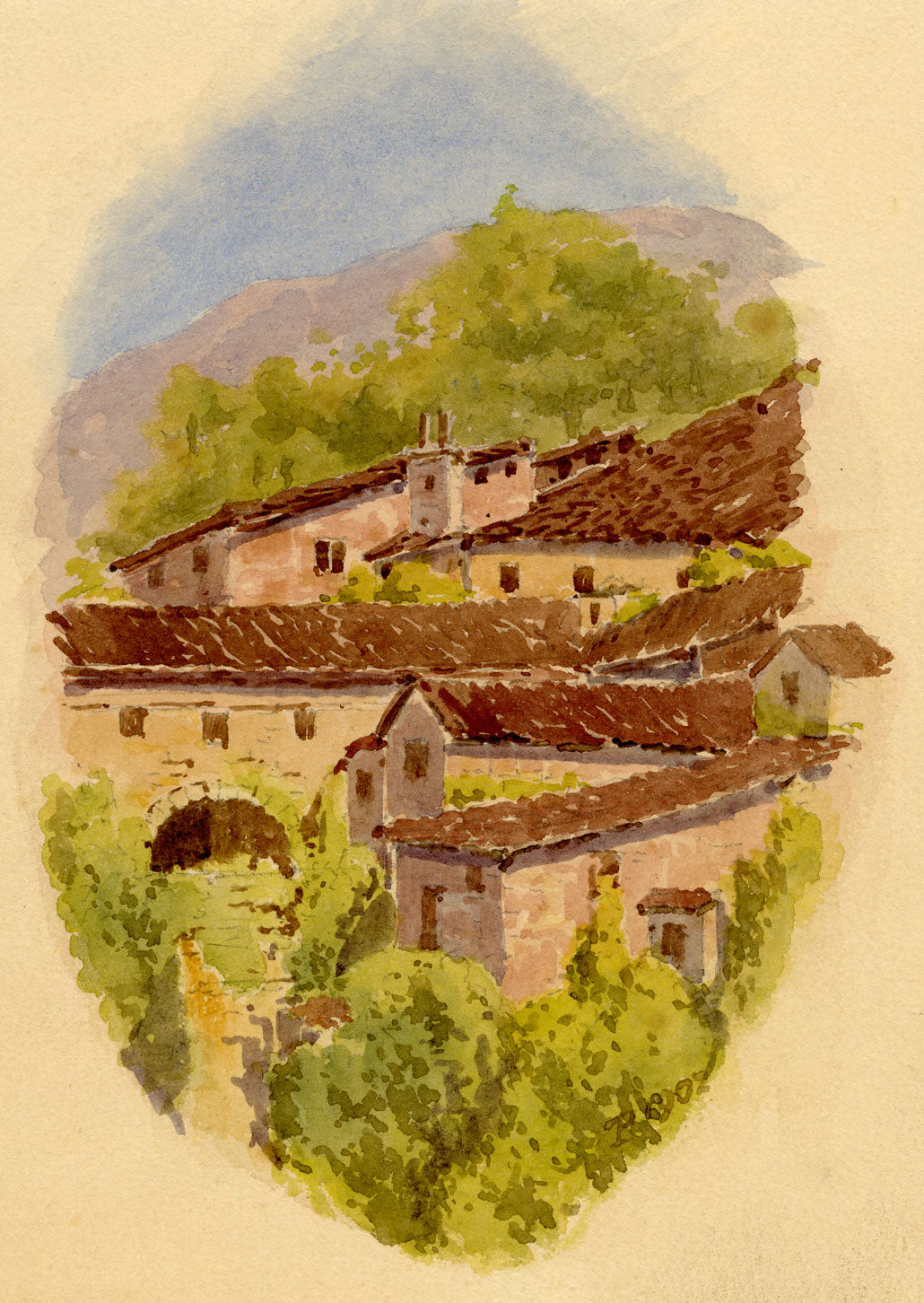F. Paterson, Hermitage of Carceri, Assisi, Italy – 1902 watercolour painting
