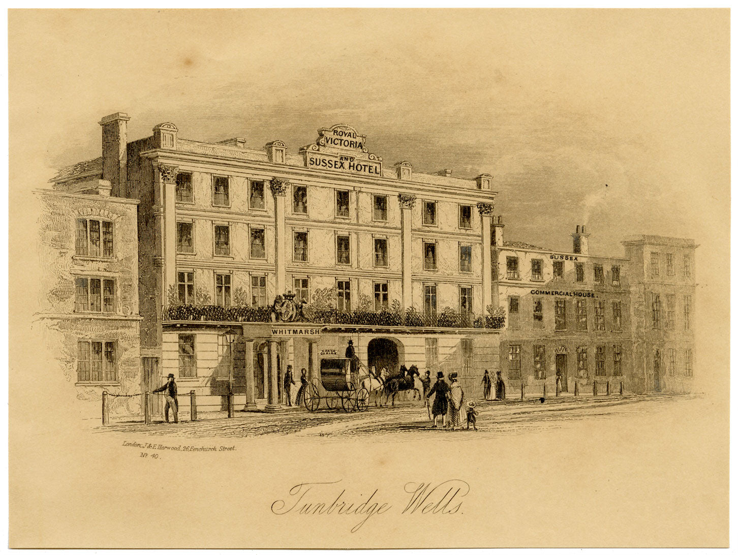 Royal Victorian &amp; Sussex Hotel, Tunbridge Wells, Kent – ​​stampa incisa del 1840