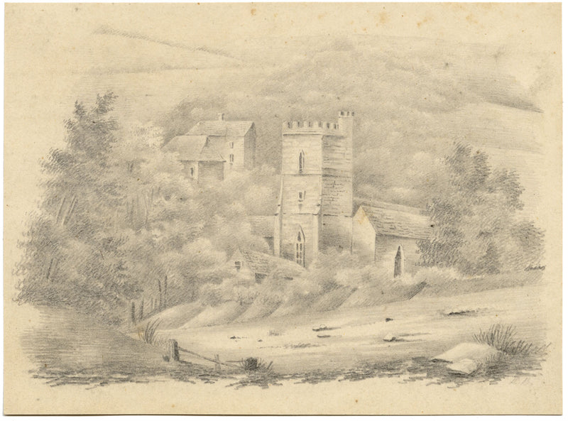 Rural Church In a Landscape – Original mid-19th-century graphite drawing