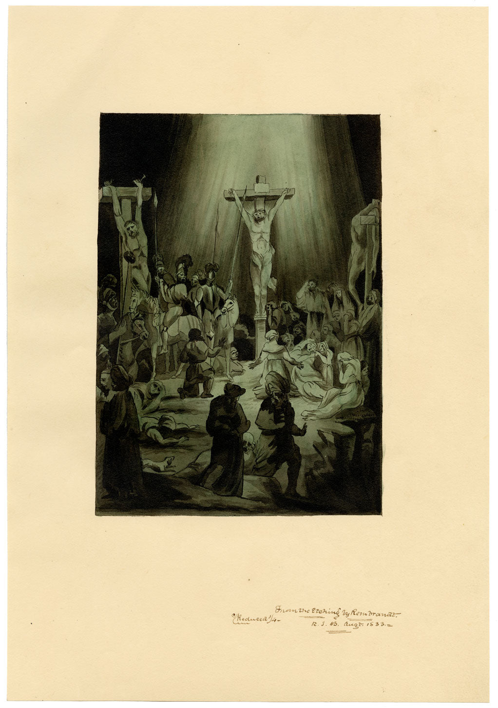 R.J. Blesard, The Three Crosses after Rembrandt – 1833 watercolour painting