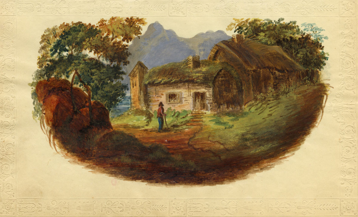 Figure by Thatched Cottage – Original c.1820 watercolour painting
