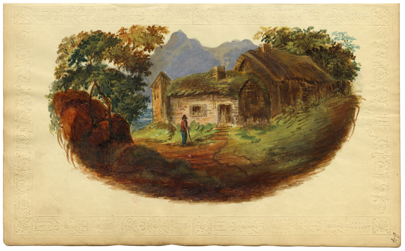 Figure by Thatched Cottage – Original c.1820 watercolour painting