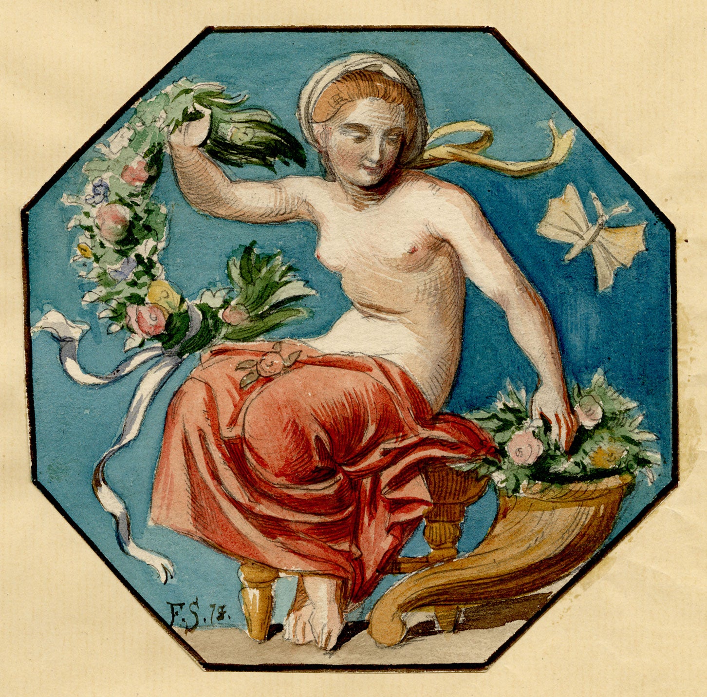 Felix Schurig, Nymph with Cornucopia & Flower Garland –1875 watercolour painting