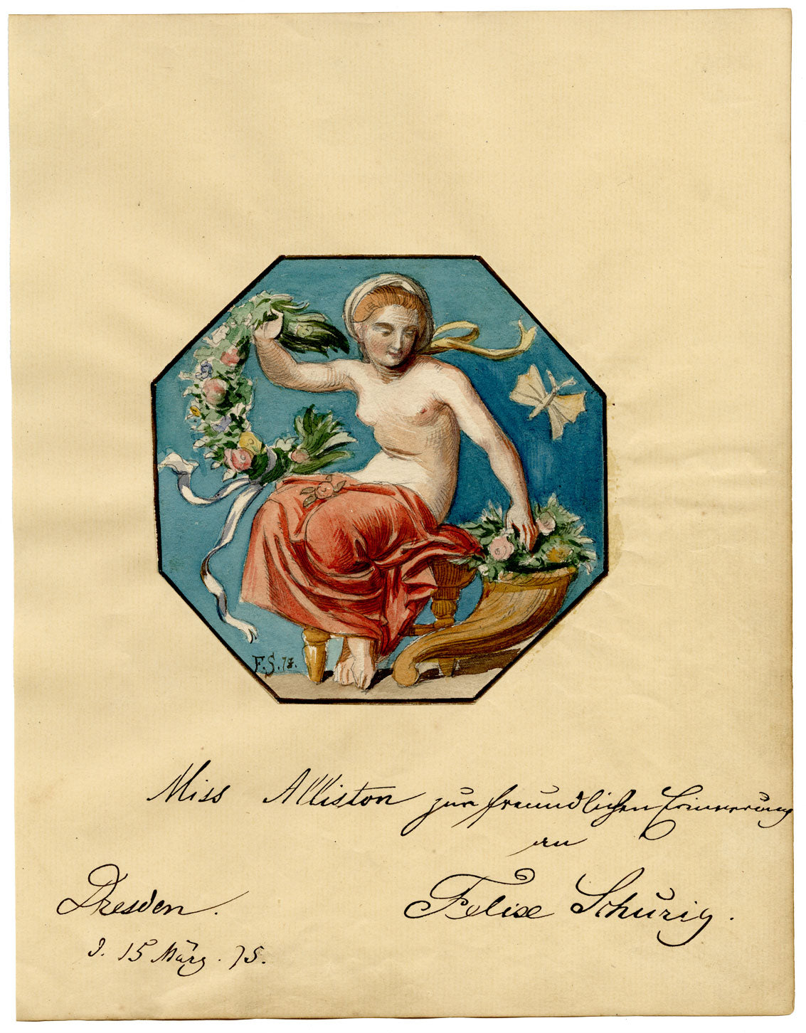 Felix Schurig, Nymph with Cornucopia & Flower Garland –1875 watercolour painting