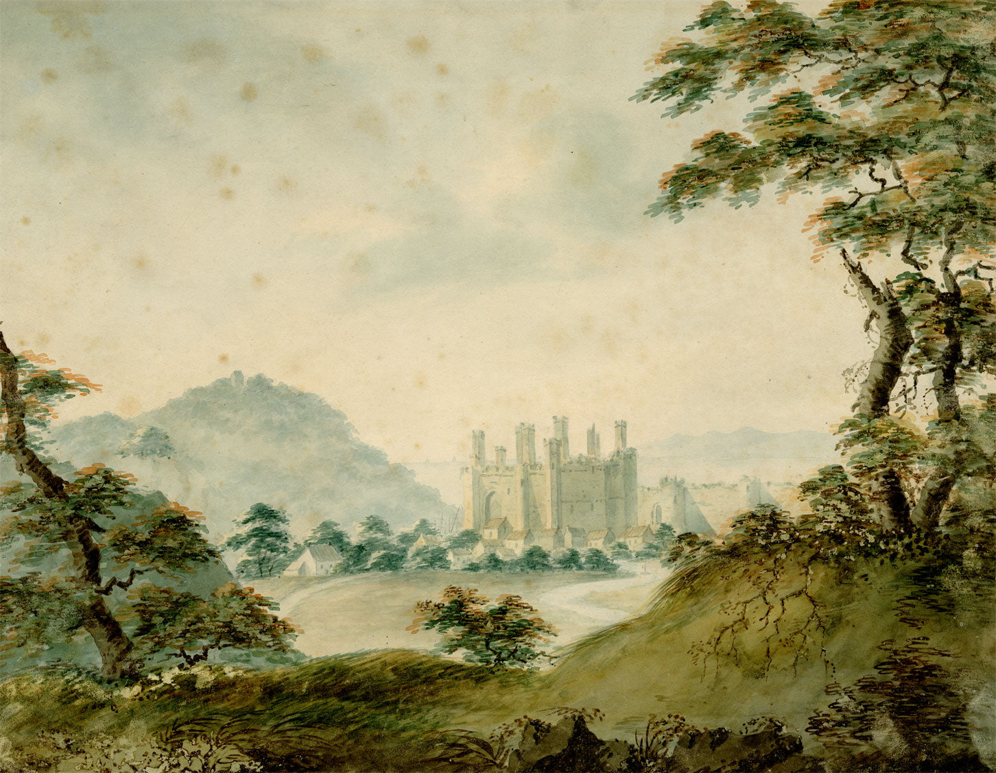 Caernarfon Castle, Wales – Original early 19th-century watercolour painting