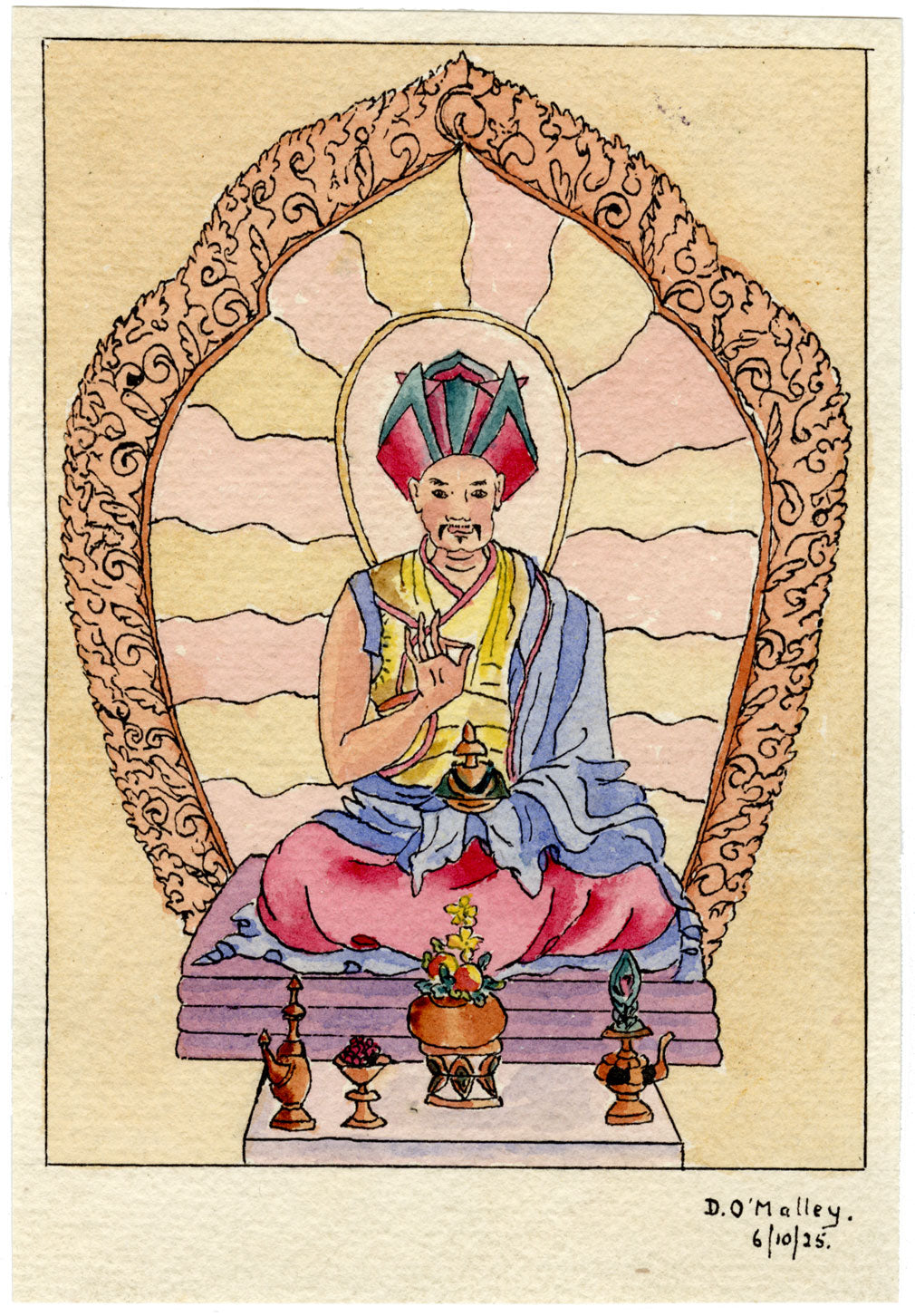 D. O'Malley, Buddha Pose Vitarka Mudrā – Dipinto originale ad acquerello del 1925