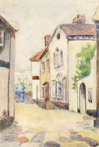 L.H., Fishing Village Street View – Original 1920s watercolour painting