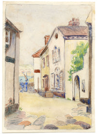 LH, Vista sulla strada del villaggio di pescatori – Dipinto ad acquerello originale degli anni '20