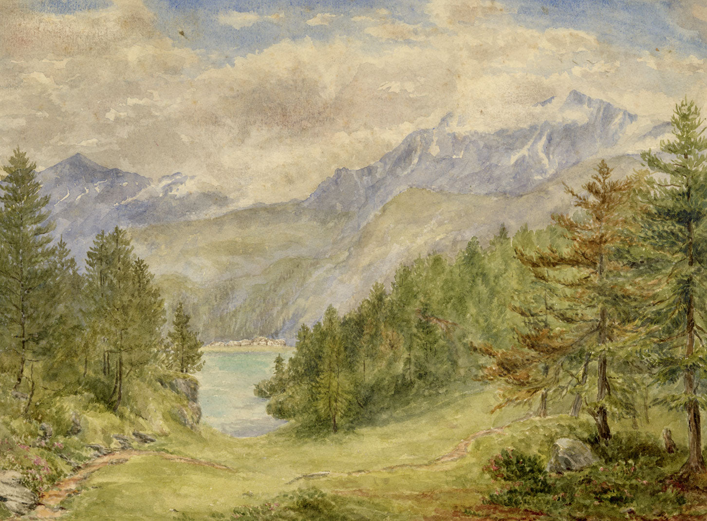 Anne G. Salter, Alpine Lake, Switzerland – Original c.1889 watercolour painting