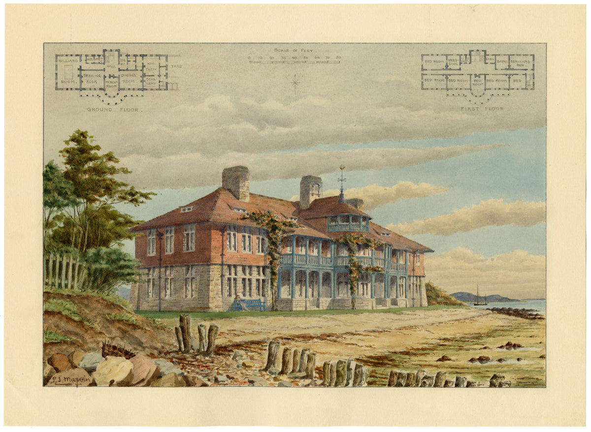 Philip J. Marvin, Arts &amp; Crafts House Design, Isola di Wight – acquerello del 1880 circa